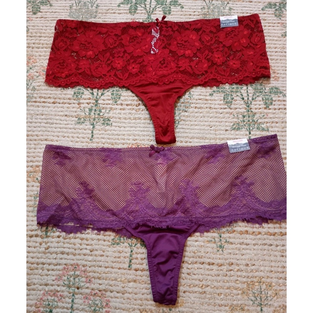 NWT Cacique Wide Side Thong Panty Bundle Size 14/16 Red‎ Purple Lace Mesh